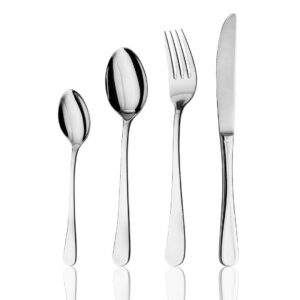 stainless steel cutlery set featuring fork, knife, tablespoon, and teaspoon with sleek, polished handles—available for hire in Adelaide for formal events.