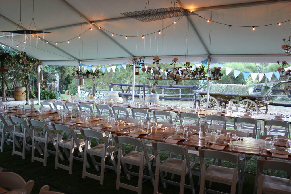 Party Hire Adelaide - wedding marquee with rustic trestles