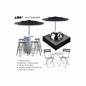 Party hire Adelaide -Outdoor event furniture set featuring black scalloped market umbrellas, wine barrel table with hairpin stools, plaza pod lounge, and white bistro seating—styled for Adelaide functions.