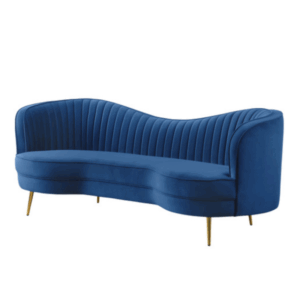 Luna Lounge in rich blue upholstery with curved silhouette, vertical tufting, and gold metal legs.