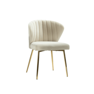Modern accent chair with curved backrest, vertical tufting, and gold metal legs in cream upholstery.