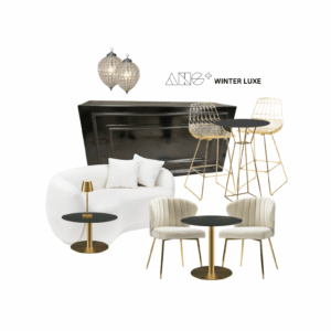 Winter Luxe range furniture setup featuring Harper bar, Ava tables, Arrow stools, Lusso lounge and occasional chair in a black, white, and gold palette.
