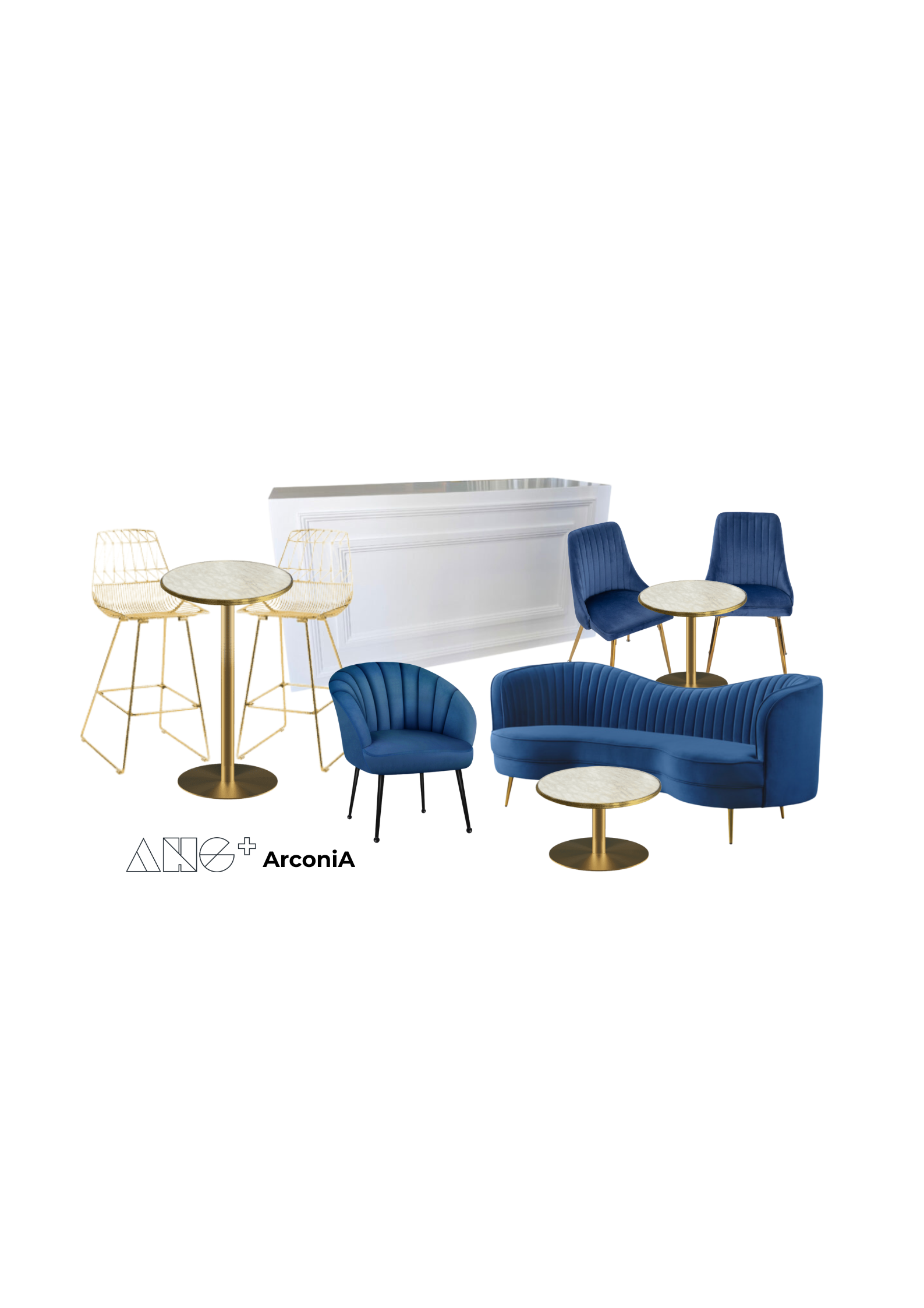 Arconia furniture edit featuring Luna seating, Ida cocktail tables, Arrow stools, and Harper bar station&mdash;available for party, lounge, and wedding hire in Adelaide.