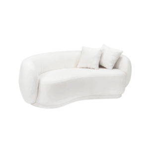 Curved white Lusso Lounge with plush upholstery and two matching cushions, styled for modern events.