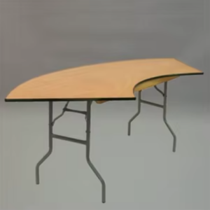 Serpentine wooden table with curved edges and folding metal legs, available for hire from Australian Hiring Company in South Australia.