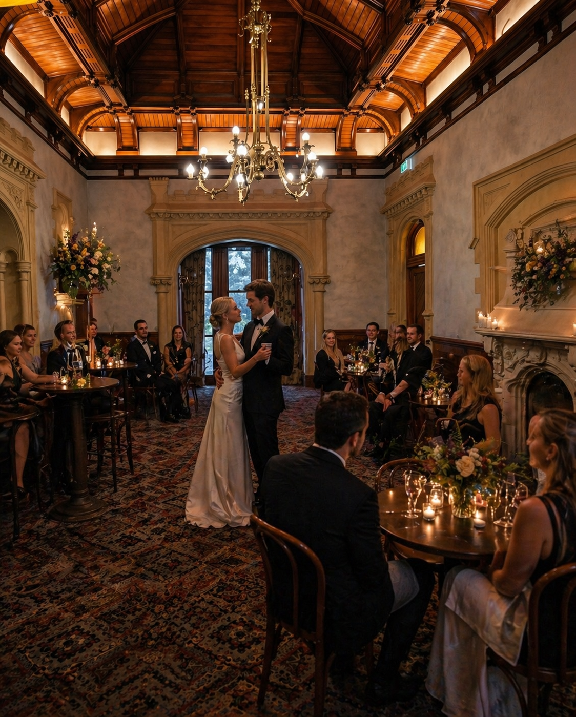 Newlywed couple sharing their first dance in Waverley House ballroom under a chandelier and timber vaulted ceiling