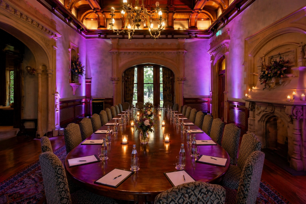 **Alt text**
Long boardroom table set beneath ornate timber vaulted ceiling and chandelier in Waverley House ballroom
